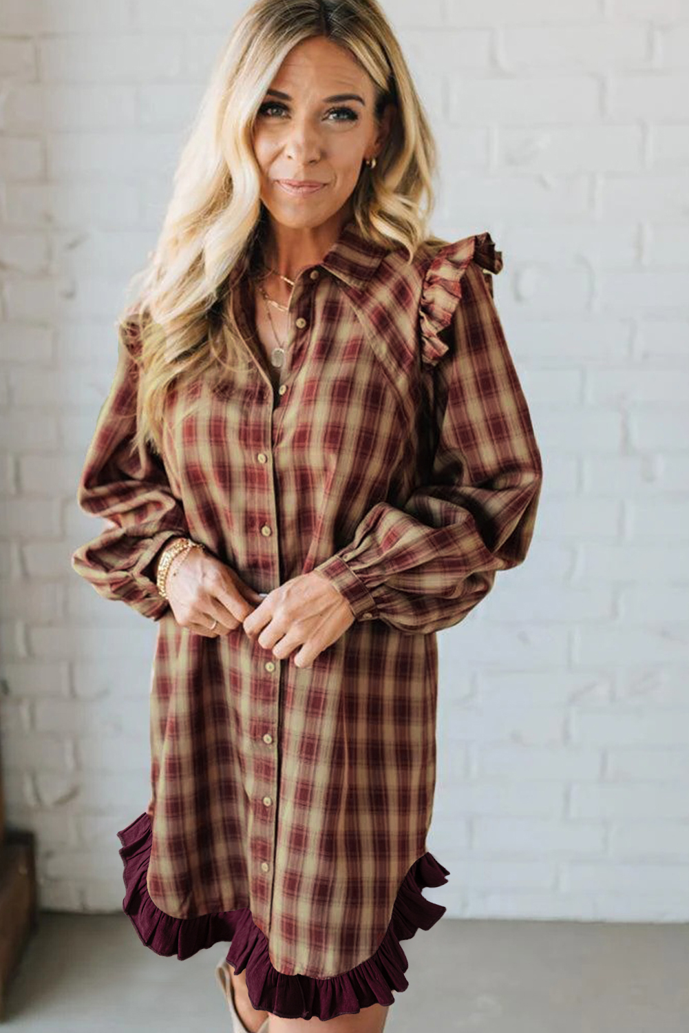Red Plaid Print Ruffled Long Sleeve Patchwork Hem Mini Shirt Dress view 14