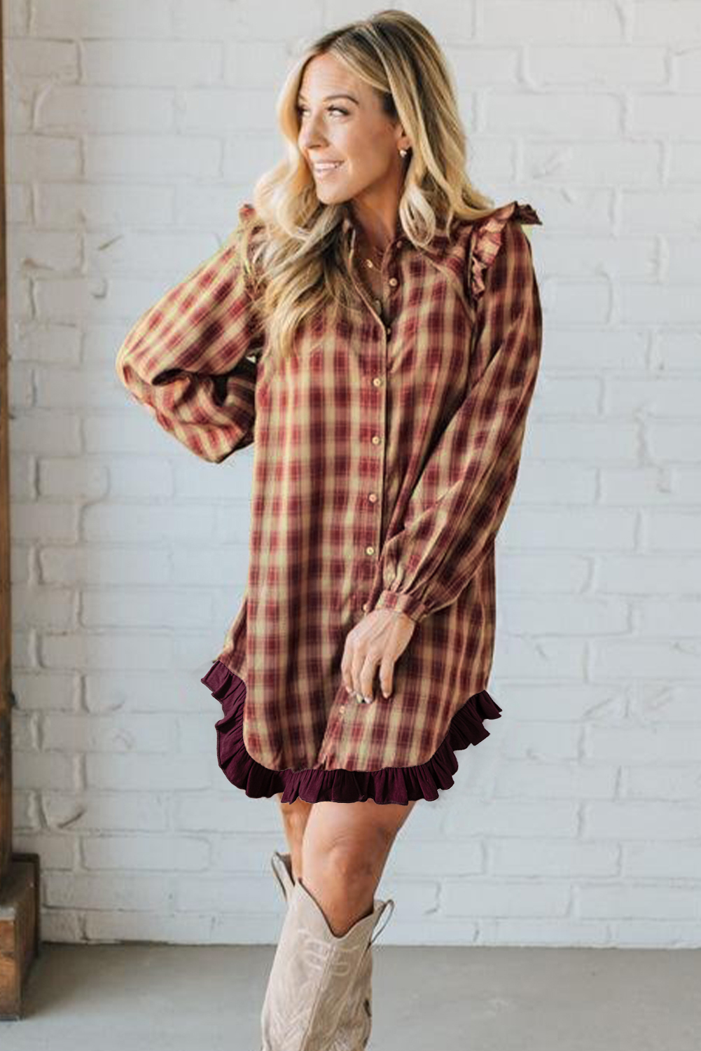 Red Plaid Print Ruffled Long Sleeve Patchwork Hem Mini Shirt Dress view 18