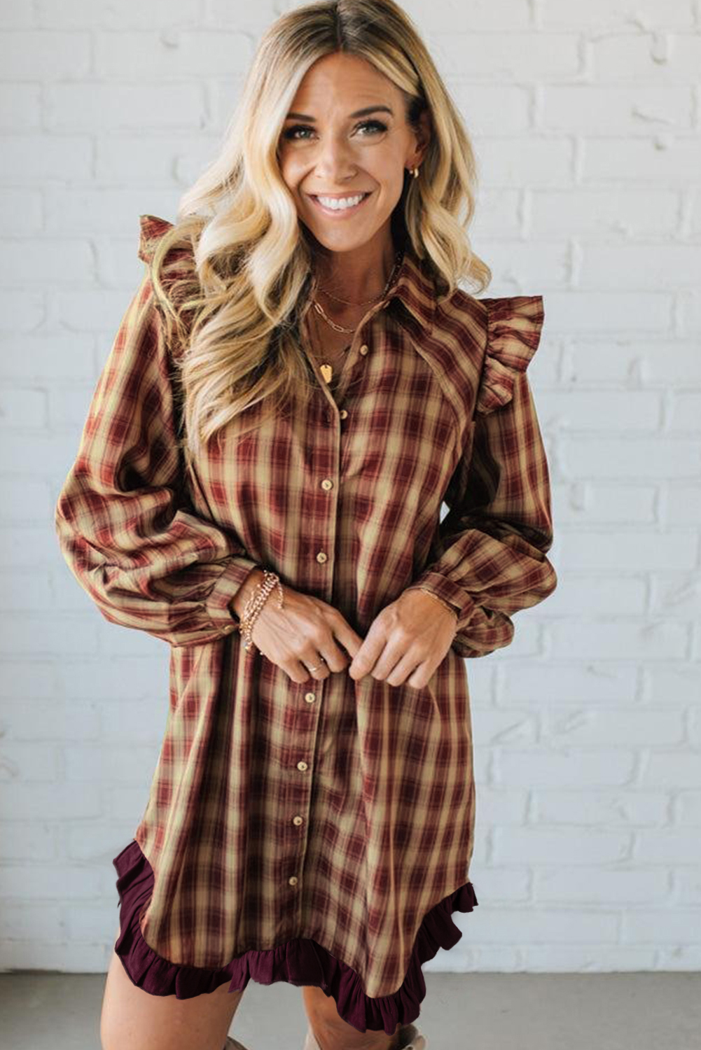 Red Plaid Print Ruffled Long Sleeve Patchwork Hem Mini Shirt Dress view 15
