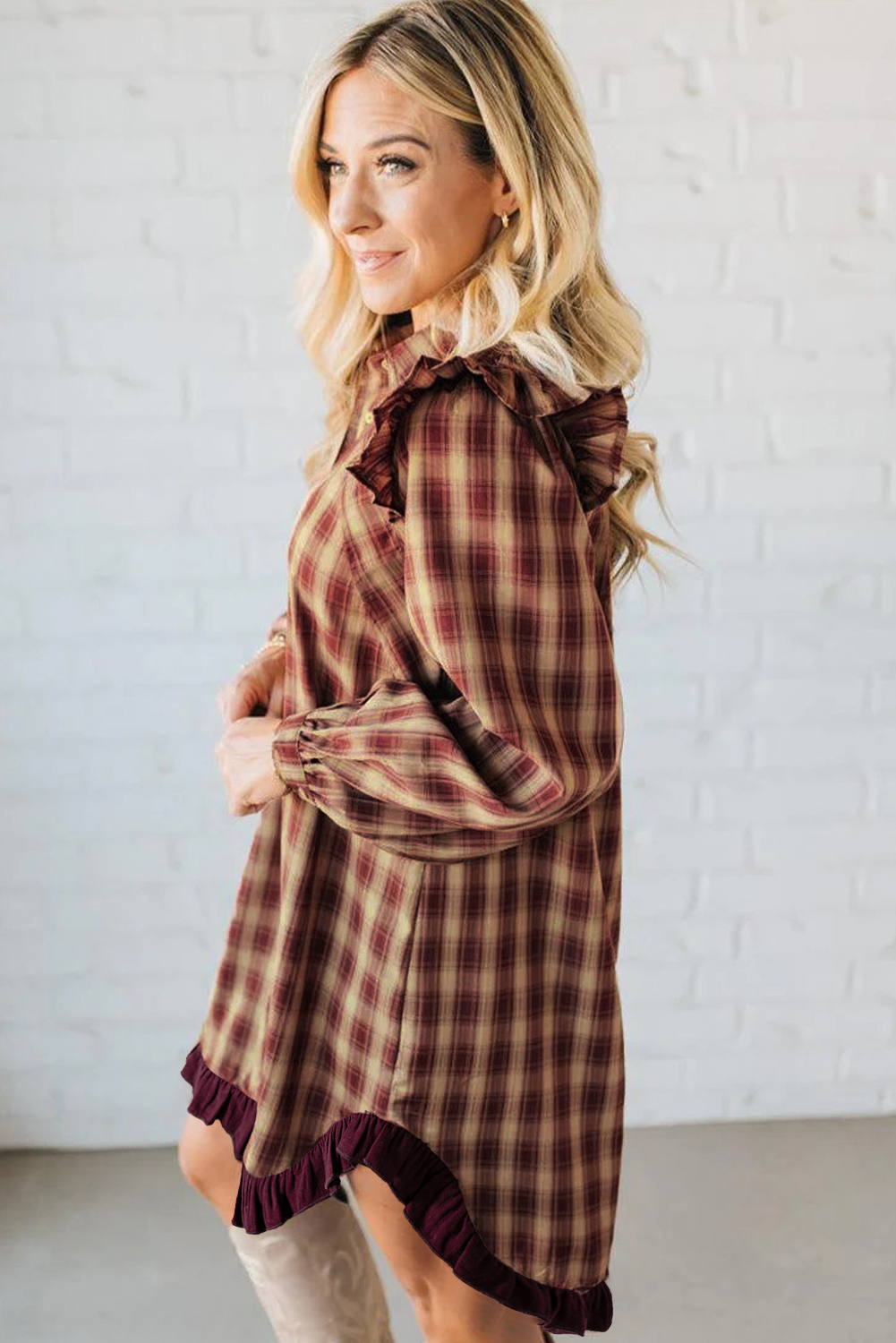 Red Plaid Print Ruffled Long Sleeve Patchwork Hem Mini Shirt Dress view 11
