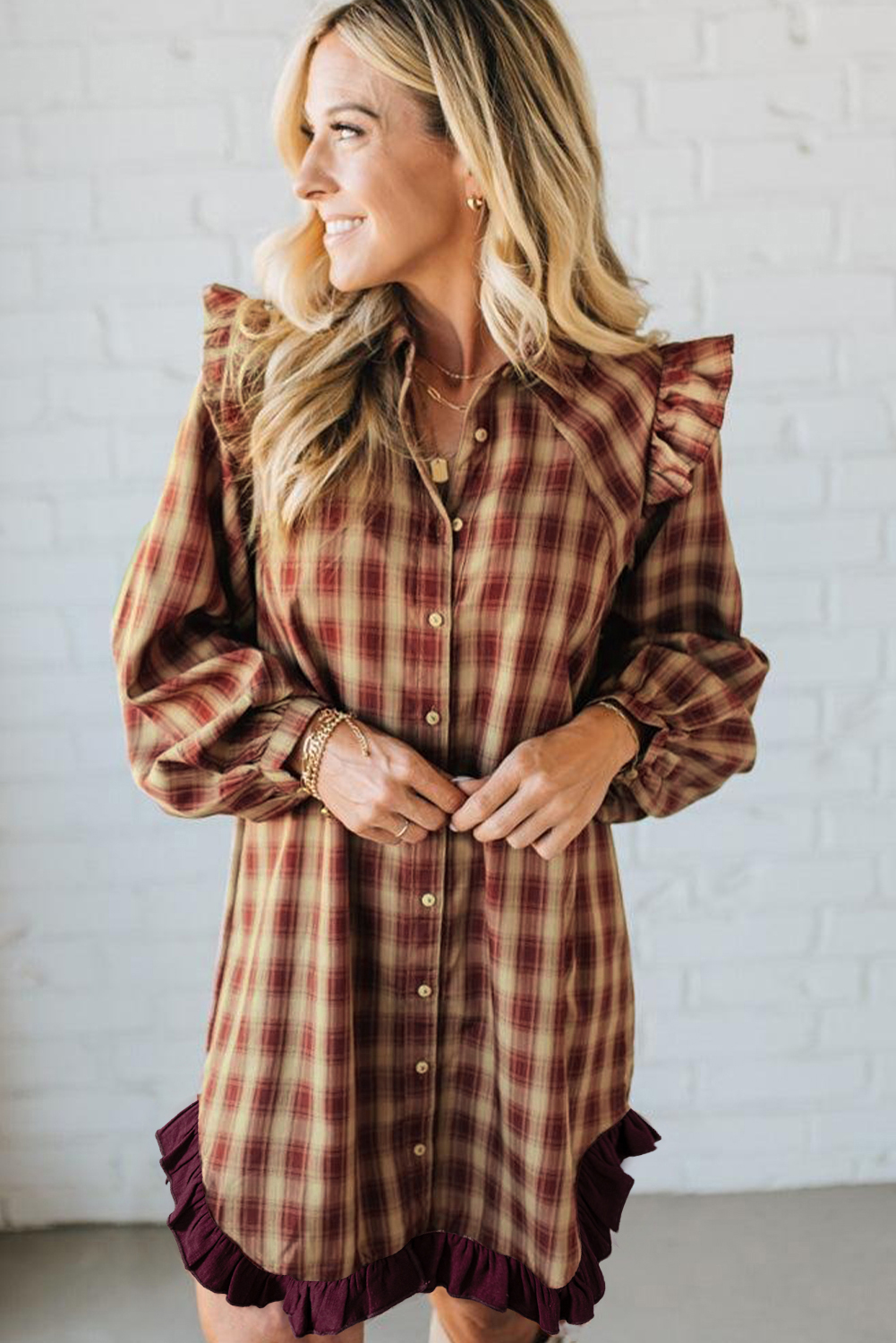 Red Plaid Print Ruffled Long Sleeve Patchwork Hem Mini Shirt Dress view 12