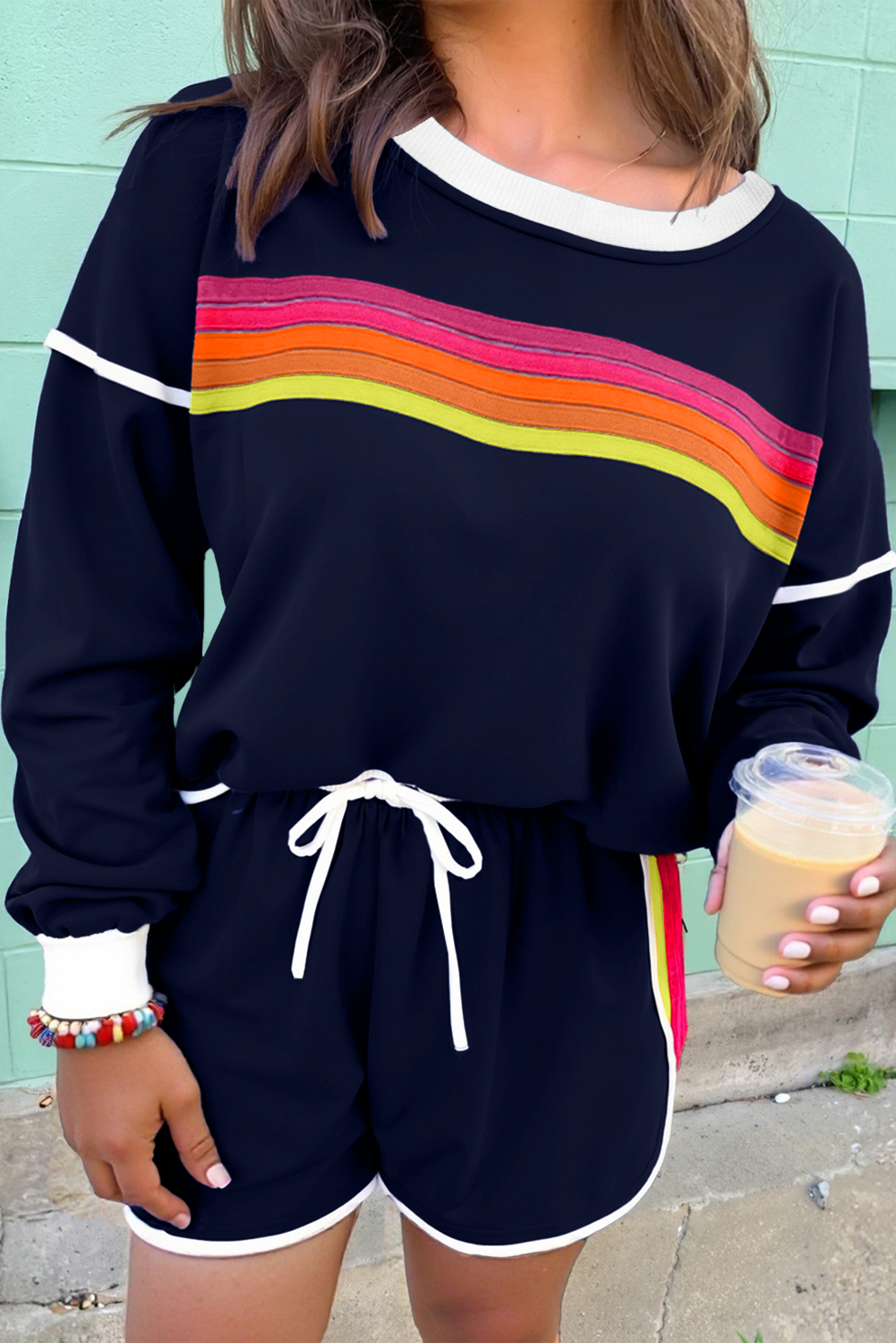 Bluing Colorful Striped Accent Varsity Long Sleeve Pullover and Shorts Matching Set view 8