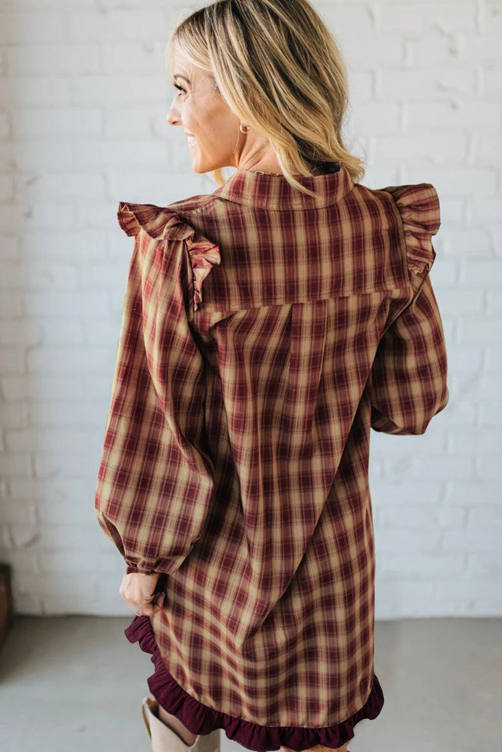 Red Plaid Print Ruffled Long Sleeve Patchwork Hem Mini Shirt Dress view 10