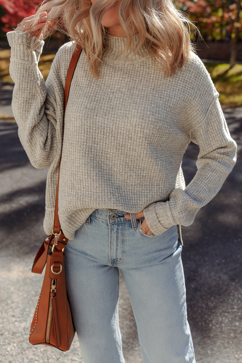 Gray Morn Waffle Texture Knit Ribbed High Neck Drop Shoulder Sweater view 5