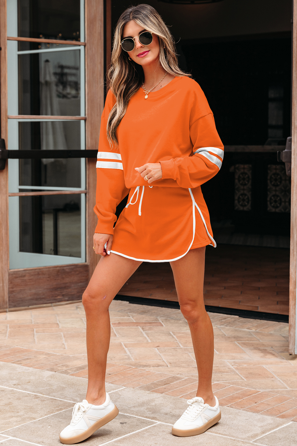 Orange Varsity Stripe Detail Drop Shoulder Pullover Mini Skort Set view 7