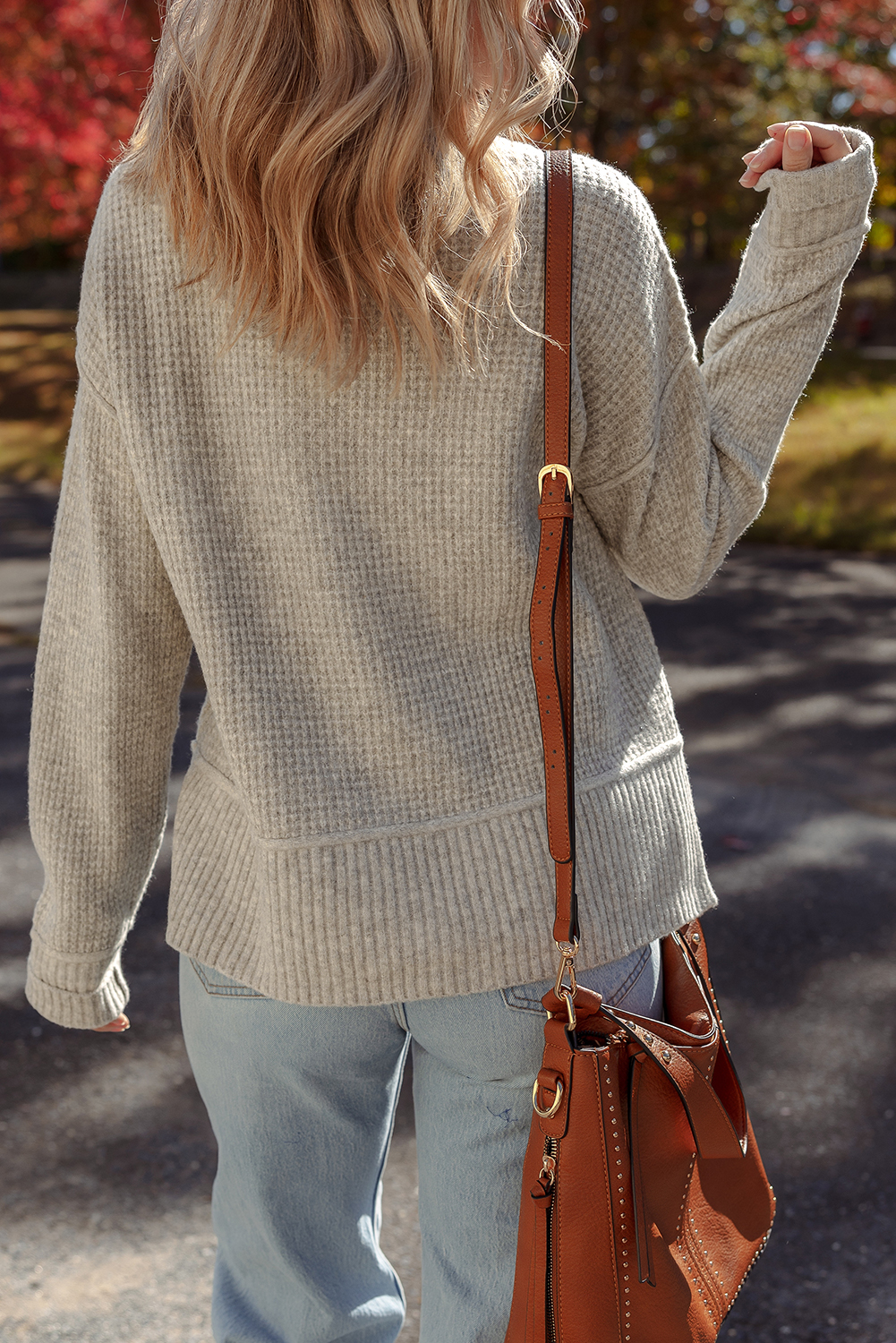Gray Morn Waffle Texture Knit Ribbed High Neck Drop Shoulder Sweater view 9