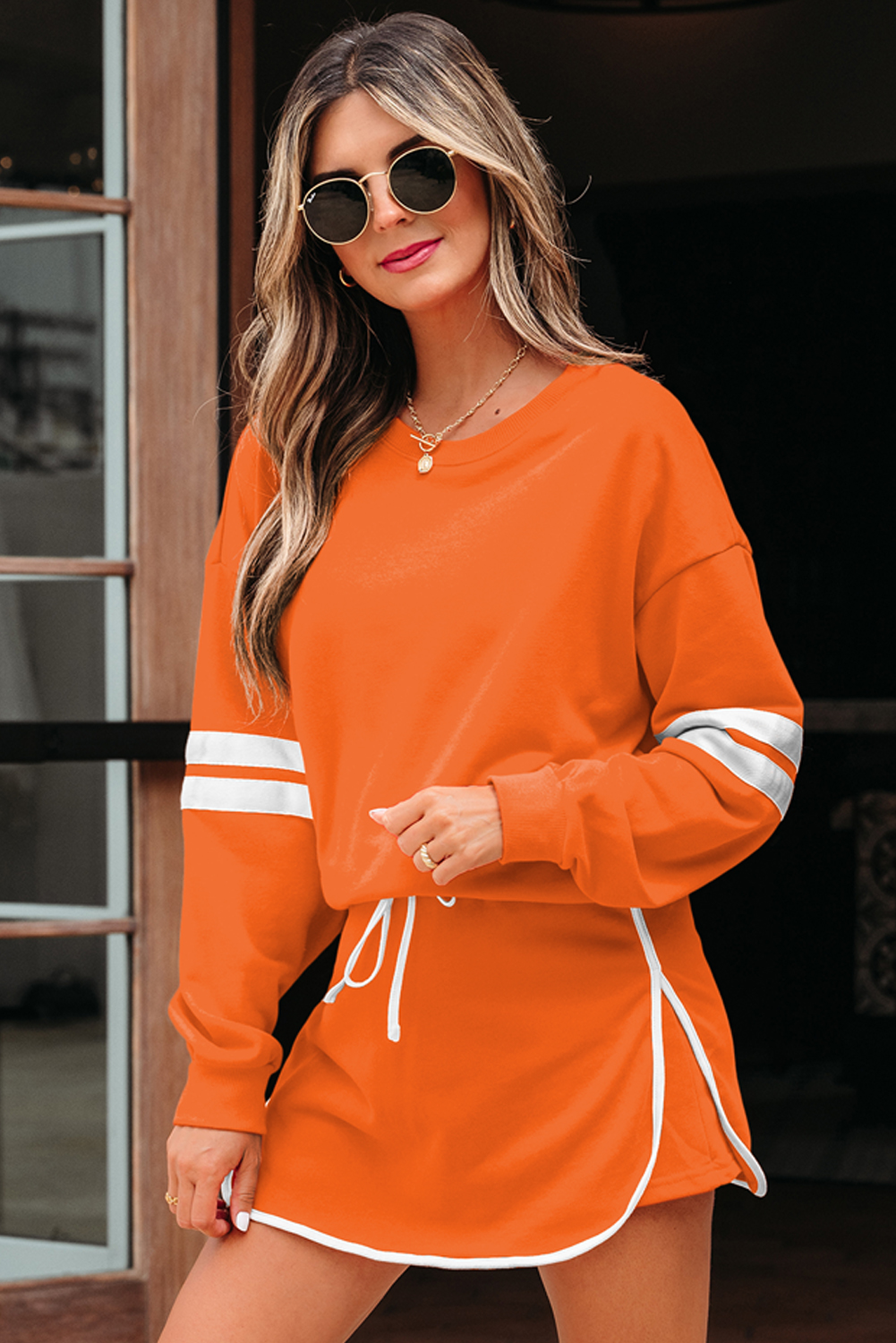 Orange Varsity Stripe Detail Drop Shoulder Pullover Mini Skort Set view 4