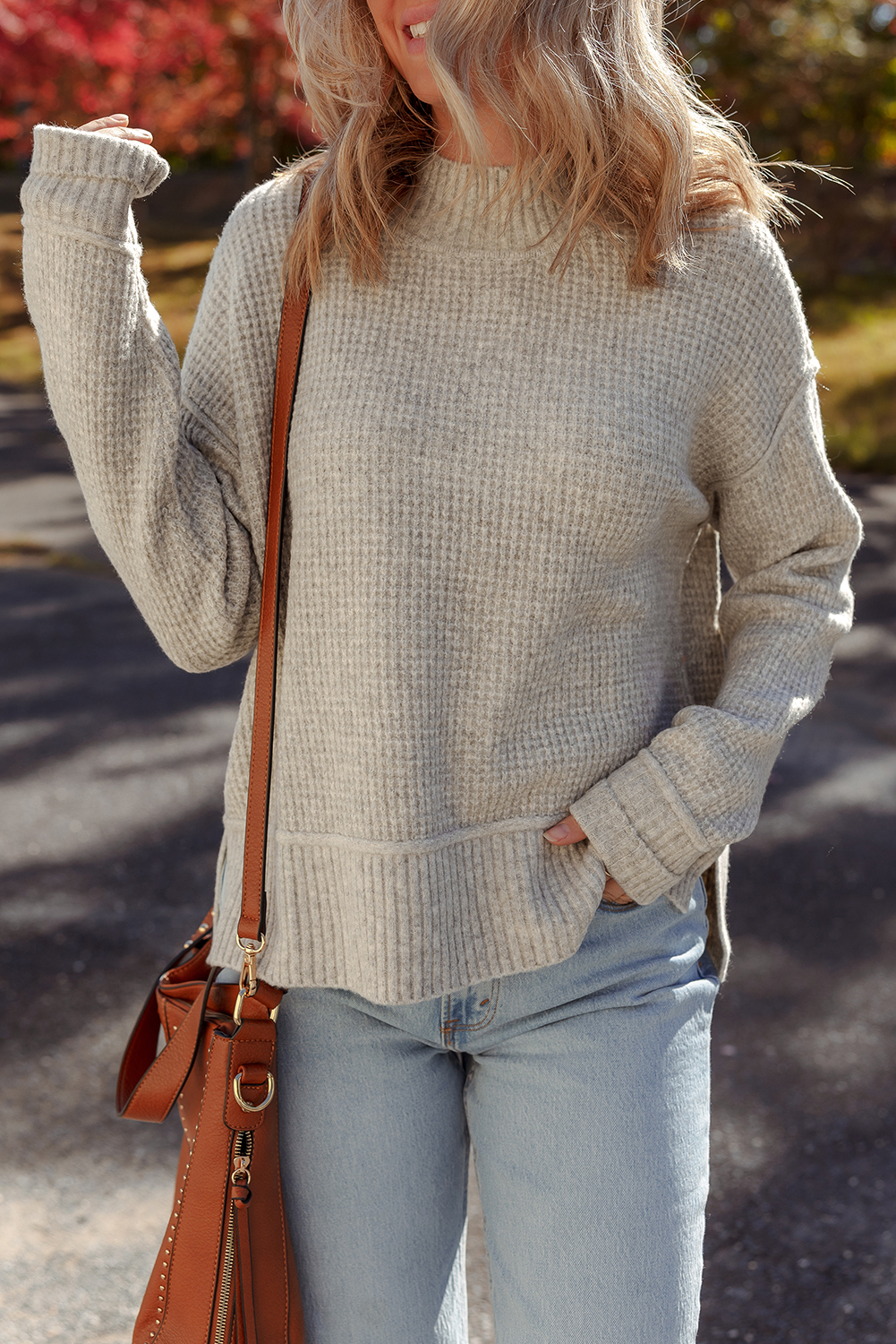 Gray Morn Waffle Texture Knit Ribbed High Neck Drop Shoulder Sweater view 3