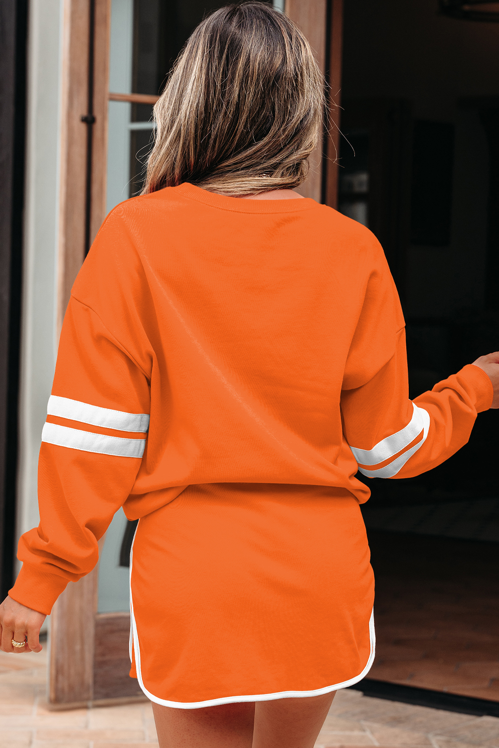 Orange Varsity Stripe Detail Drop Shoulder Pullover Mini Skort Set view 3