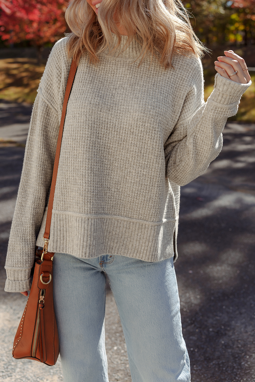 Gray Morn Waffle Texture Knit Ribbed High Neck Drop Shoulder Sweater view 8