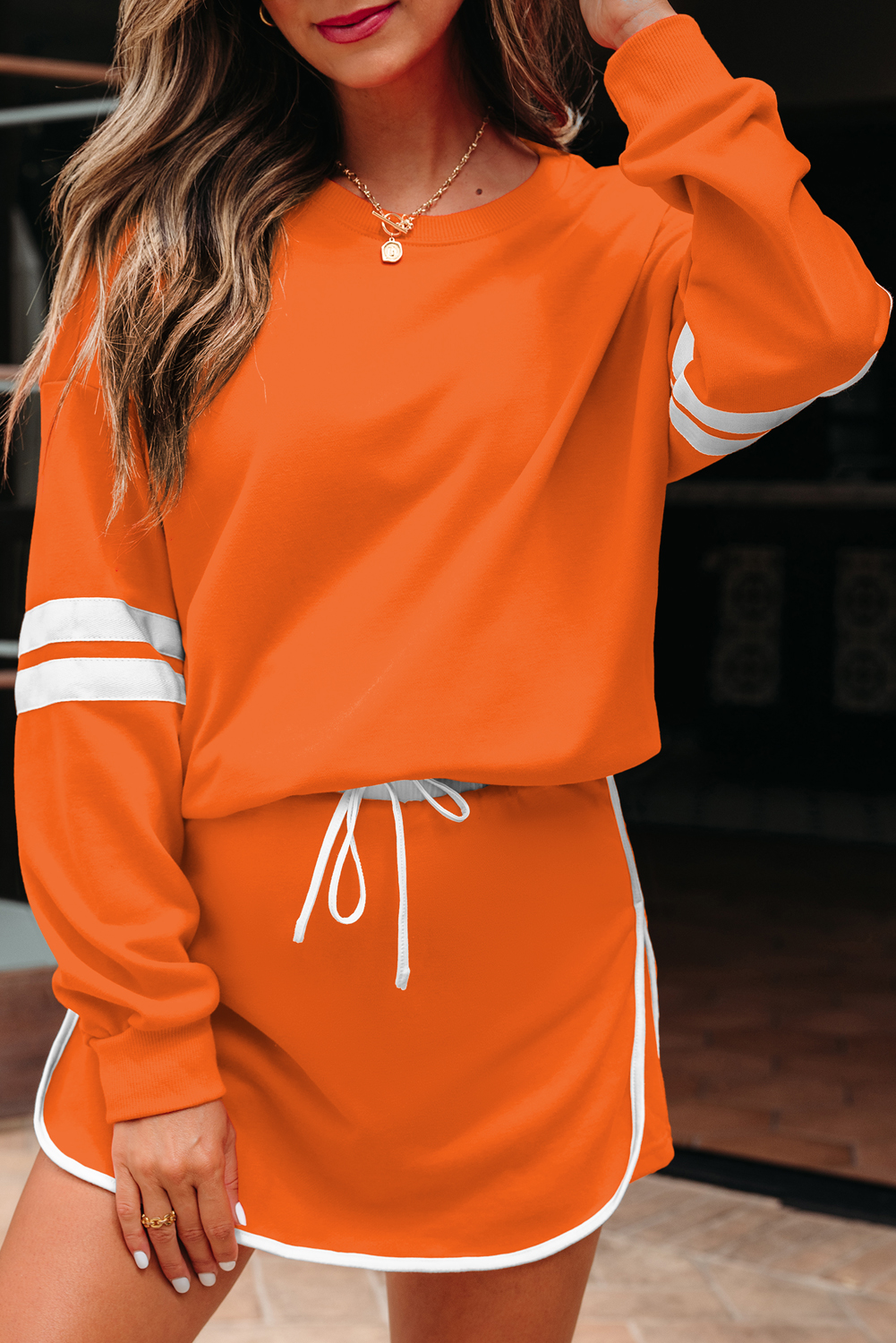 Orange Varsity Stripe Detail Drop Shoulder Pullover Mini Skort Set view 5