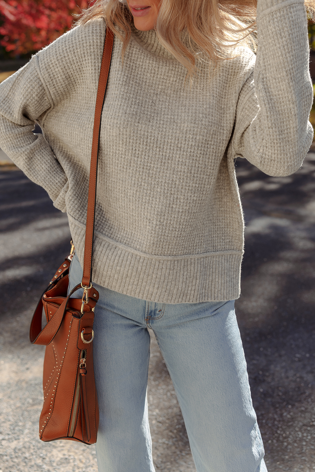 Gray Morn Waffle Texture Knit Ribbed High Neck Drop Shoulder Sweater view 4