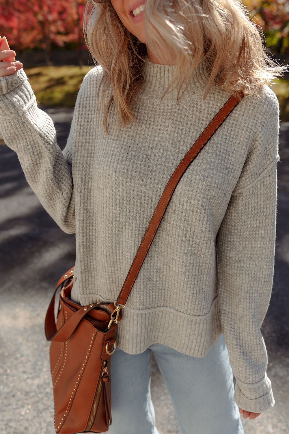Gray Morn Waffle Texture Knit Ribbed High Neck Drop Shoulder Sweater view 7