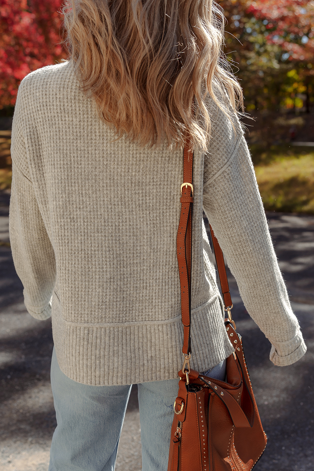 Gray Morn Waffle Texture Knit Ribbed High Neck Drop Shoulder Sweater view 2