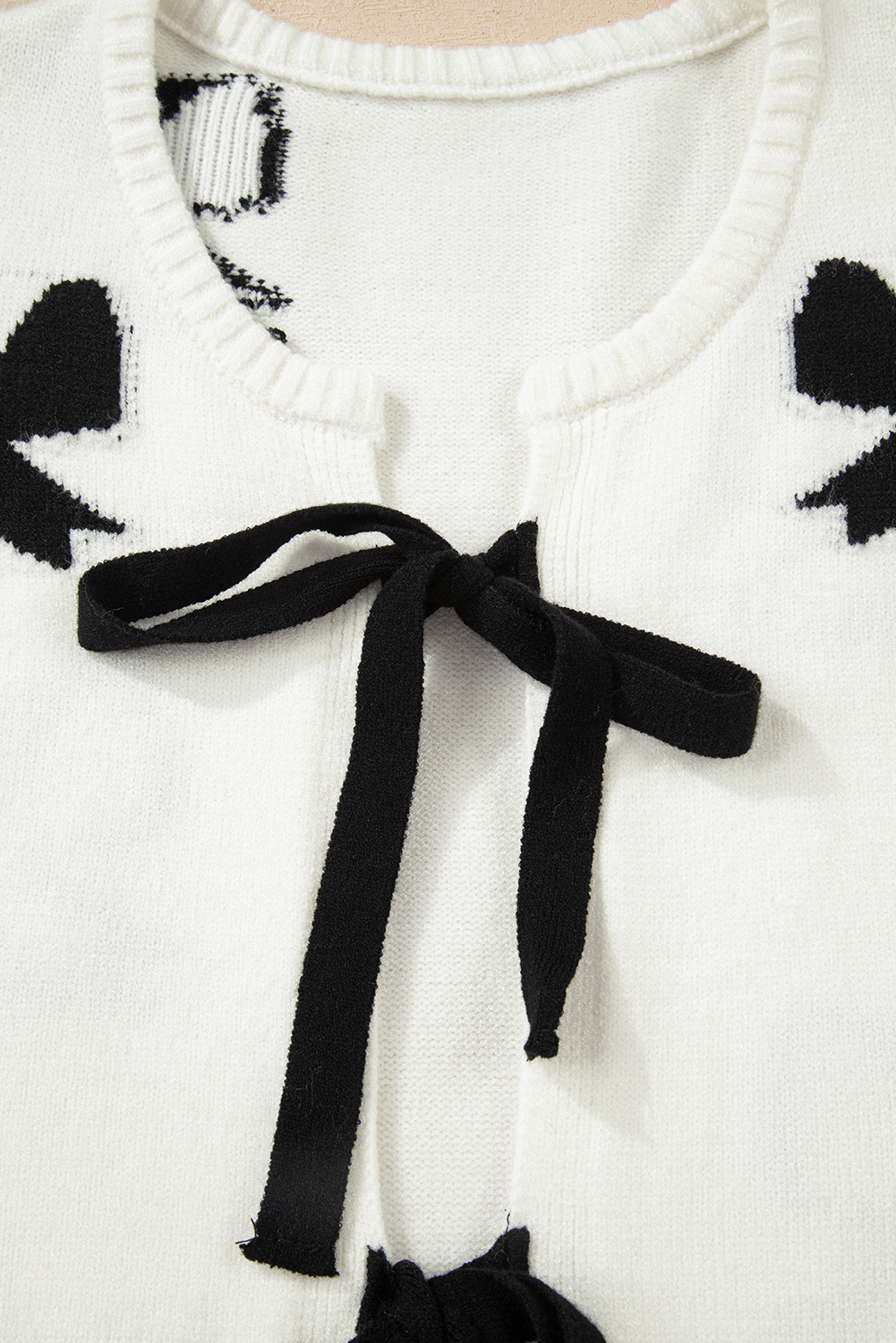 White Lace-up Bow Pattern Sweater Cardigan view 22
