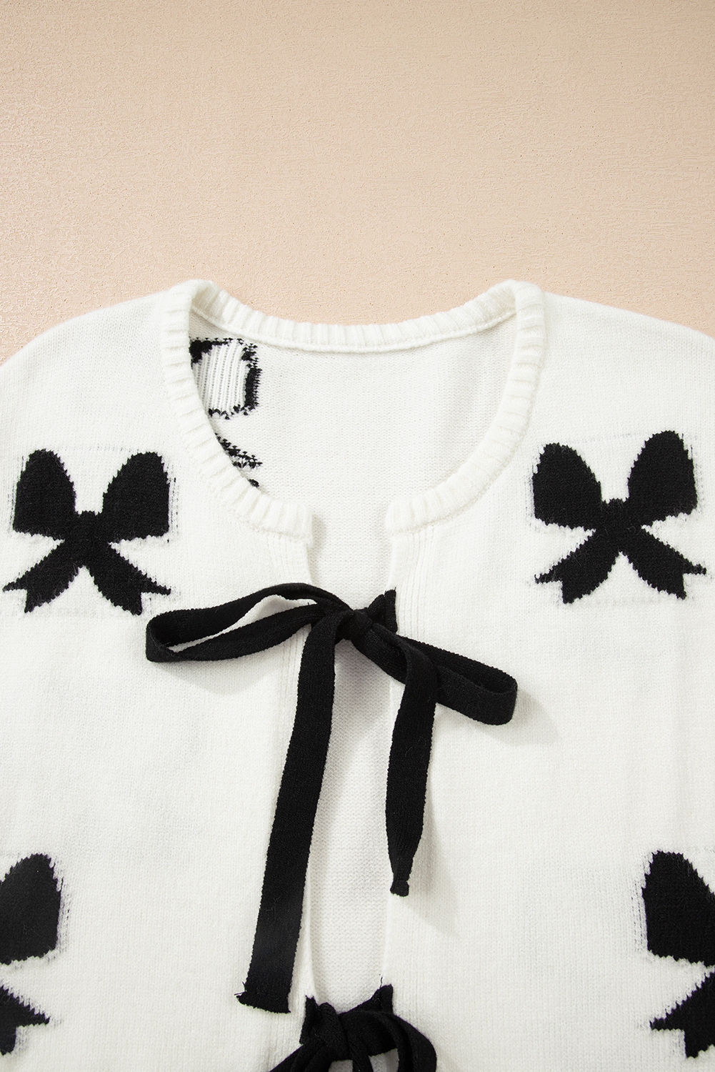 White Lace-up Bow Pattern Sweater Cardigan view 23