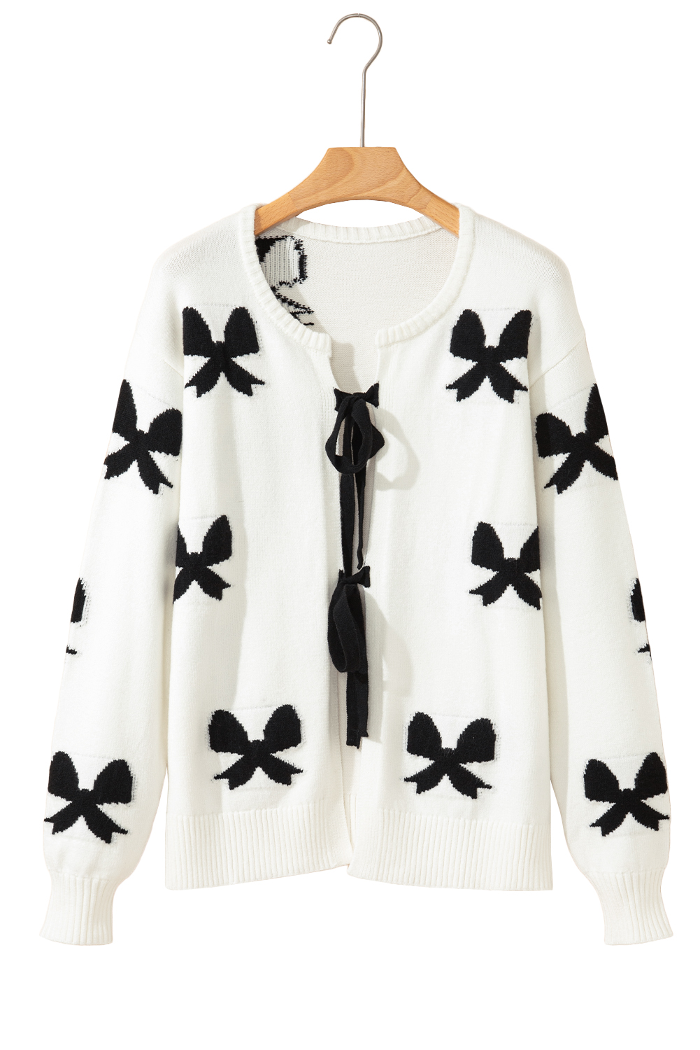 White Lace-up Bow Pattern Sweater Cardigan view 27