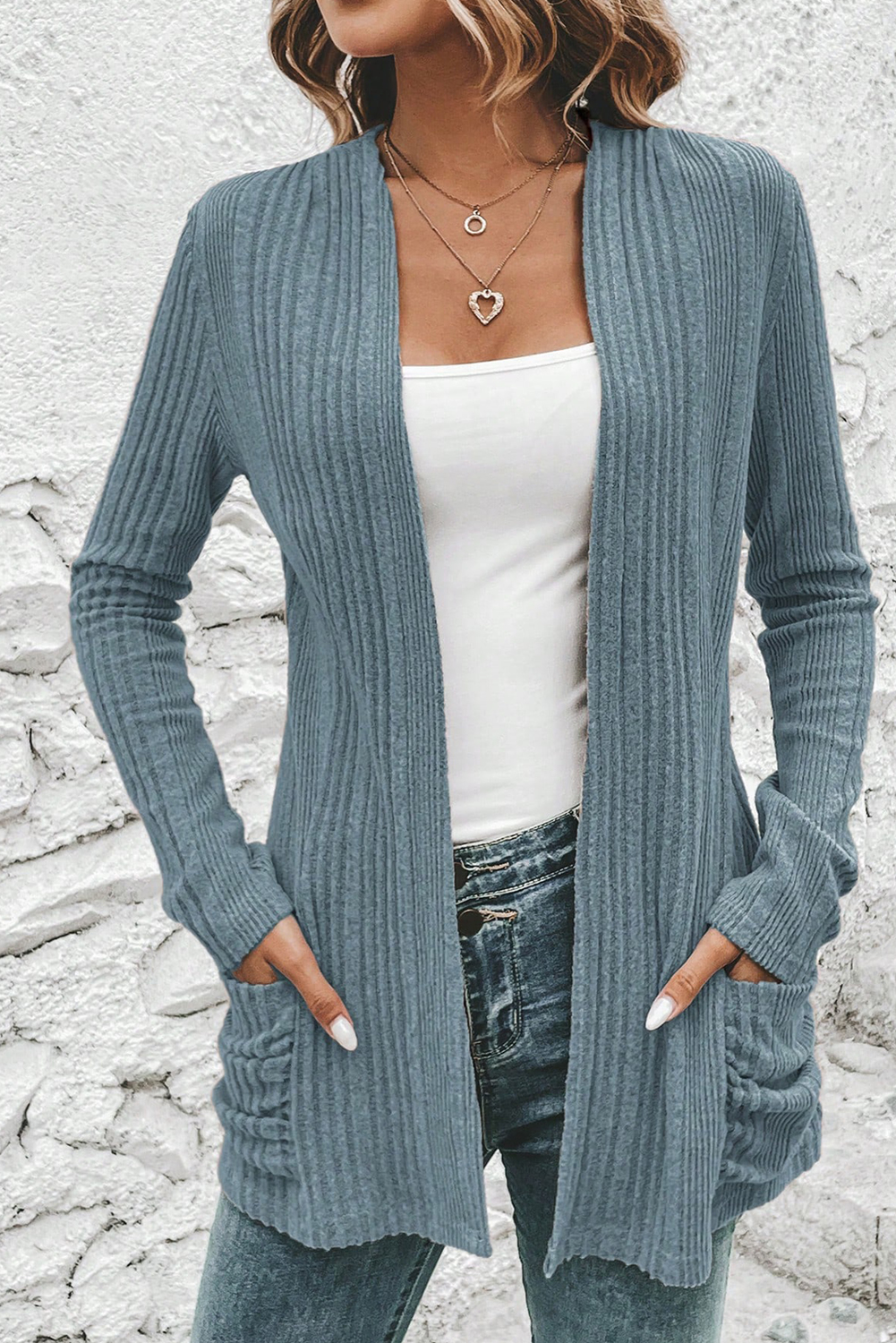 Stone Blue Ribbed Open Front Knitted Top with Pockets view 3