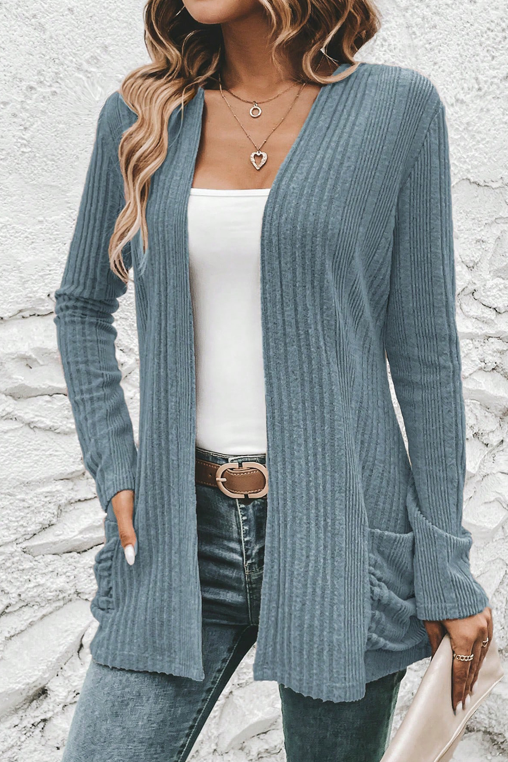 Stone Blue Ribbed Open Front Knitted Top with Pockets view 5
