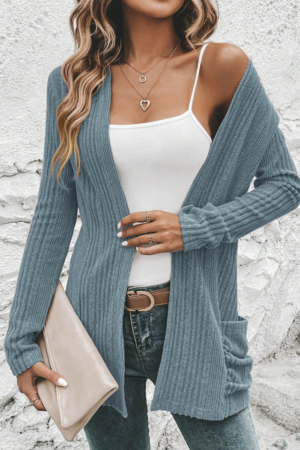 Stone Blue Ribbed Open Front Knitted Top with Pockets view 4