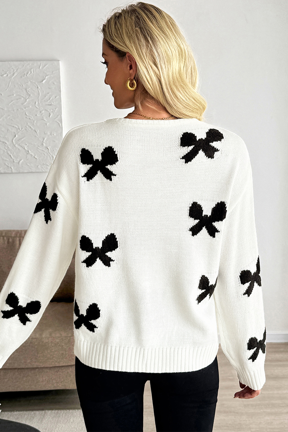 White Lace-up Bow Pattern Sweater Cardigan view 4
