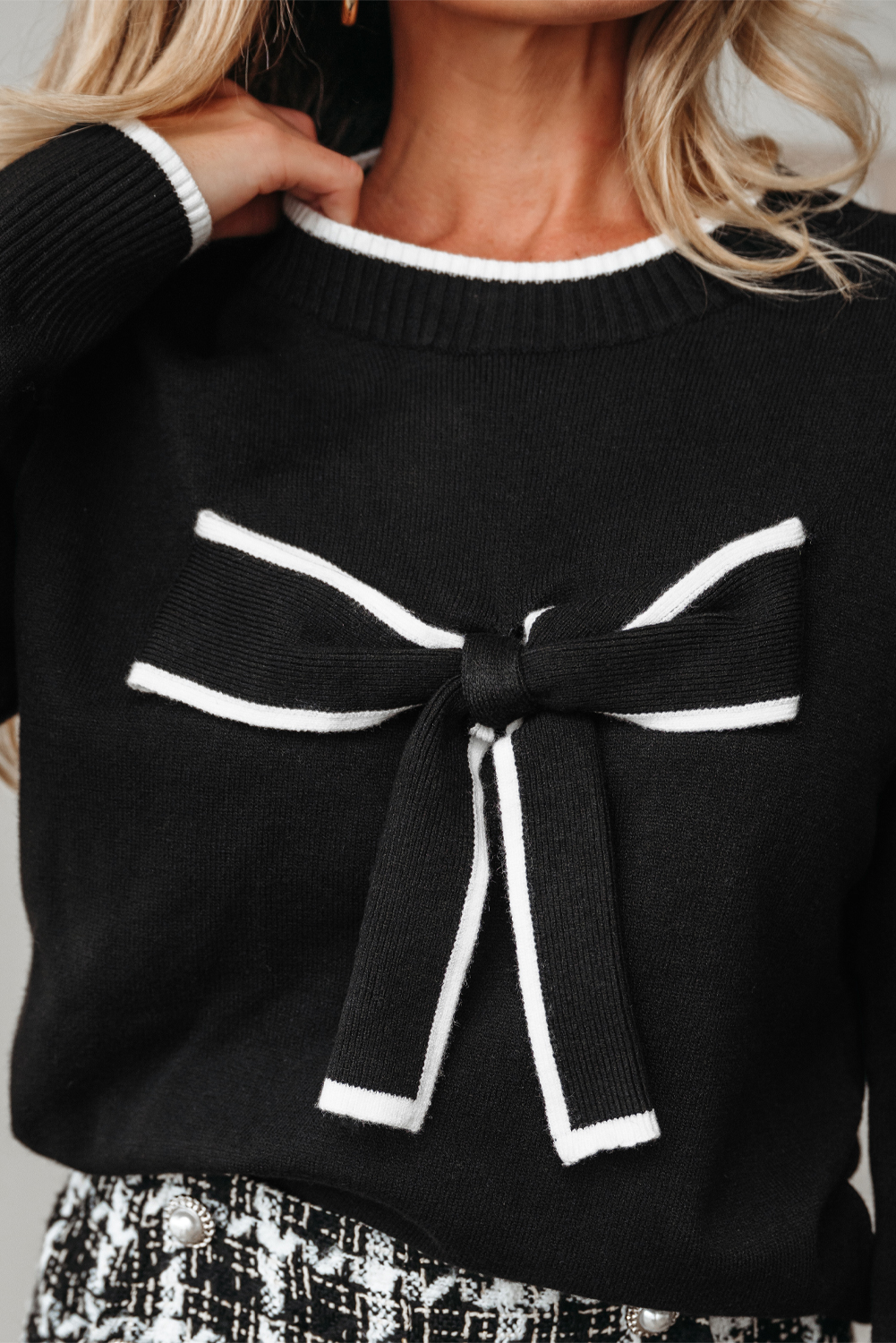 Black Contrast Trim Big Bow Accent Holiday Cropped Sweater view 7