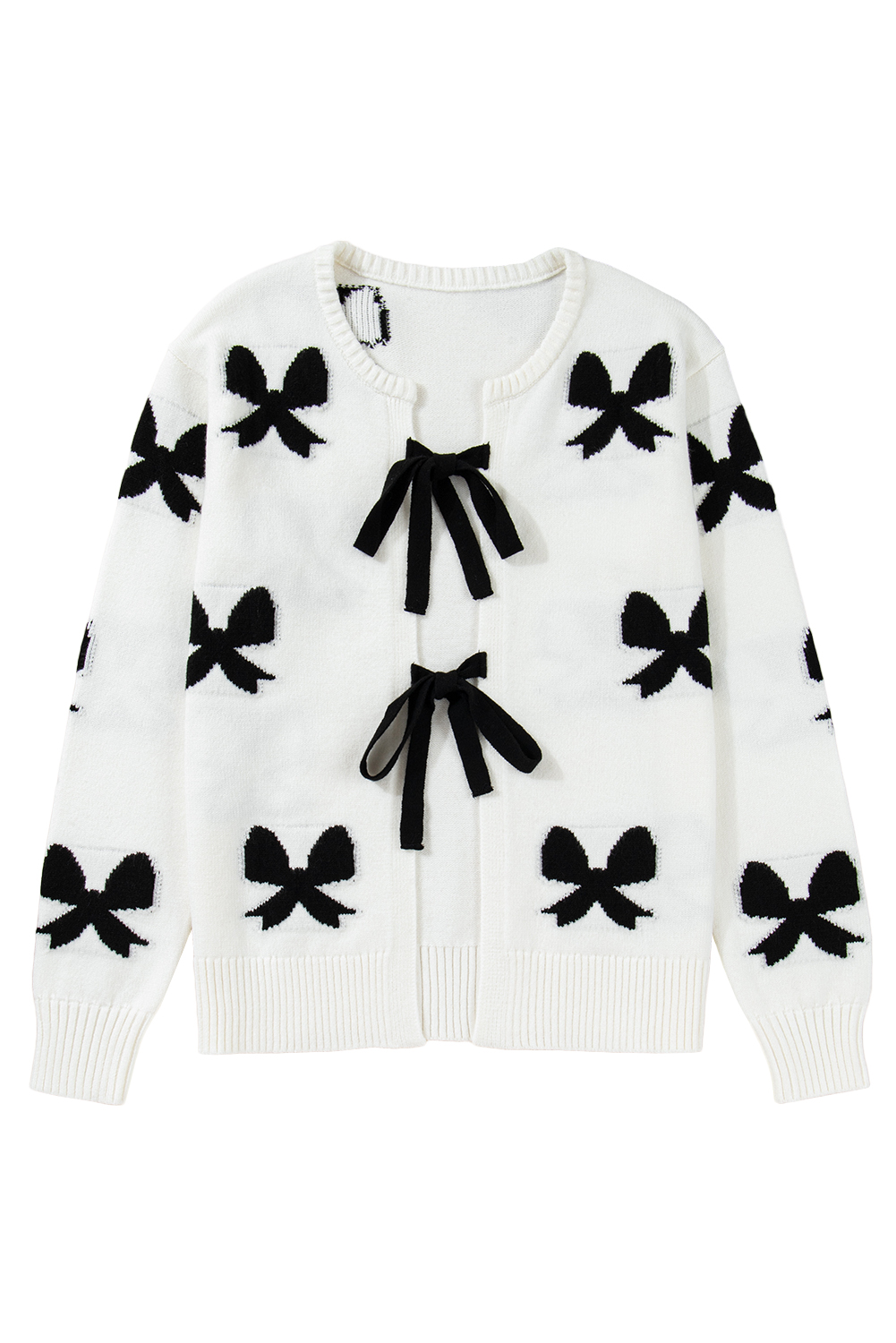 White Lace-up Bow Pattern Sweater Cardigan view 26