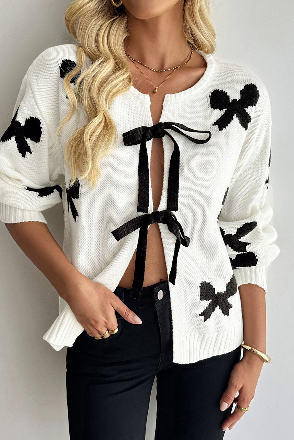 White Lace-up Bow Pattern Sweater Cardigan view 3