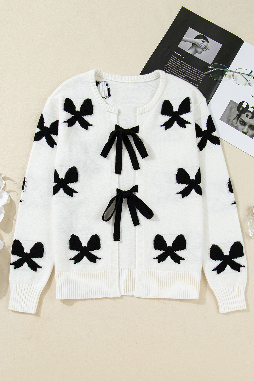 White Lace-up Bow Pattern Sweater Cardigan view 7