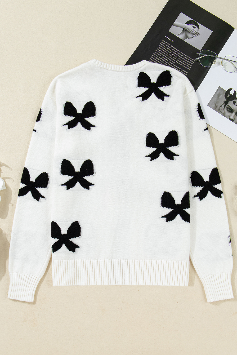 White Lace-up Bow Pattern Sweater Cardigan view 8
