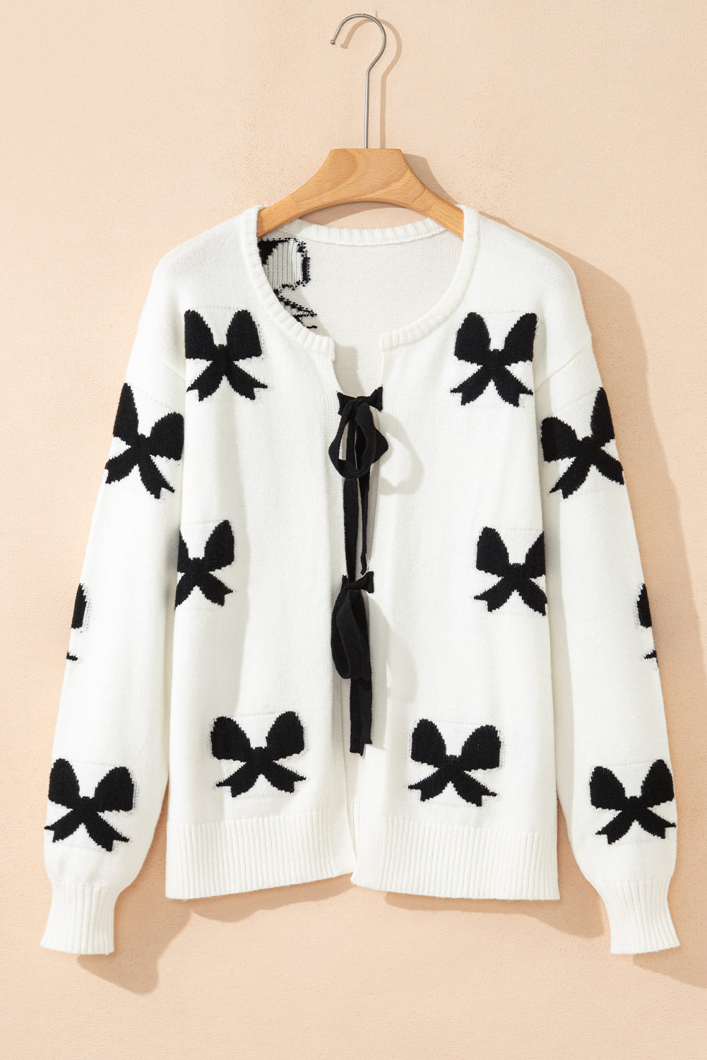 White Lace-up Bow Pattern Sweater Cardigan view 16