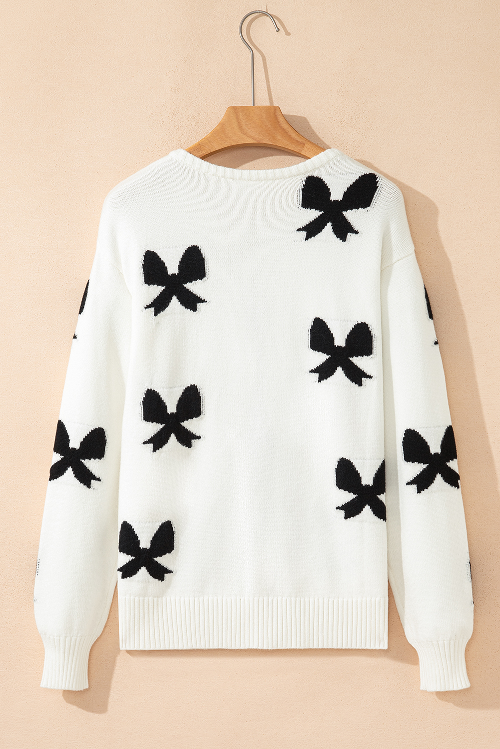 White Lace-up Bow Pattern Sweater Cardigan view 17