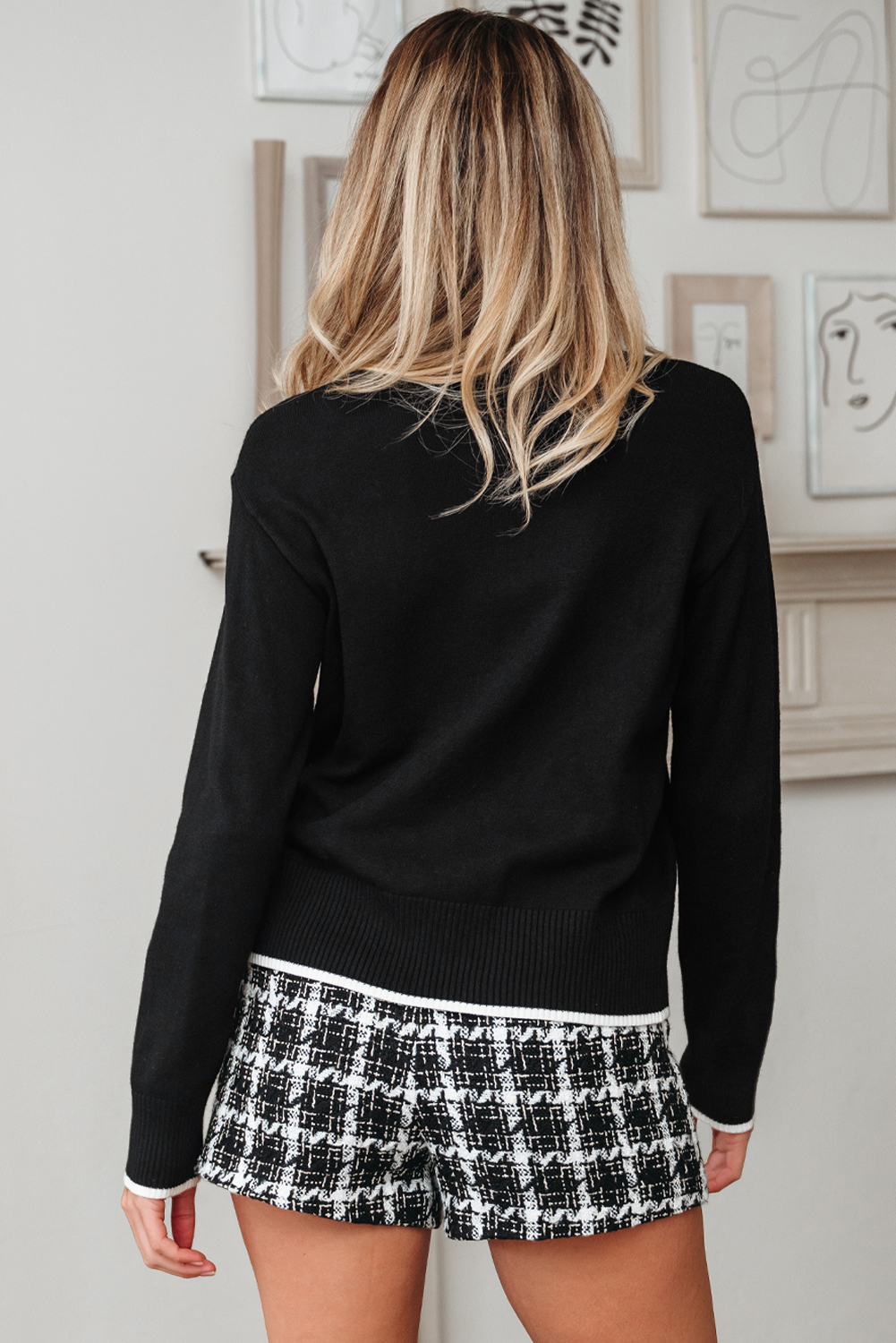 Black Contrast Trim Big Bow Accent Holiday Cropped Sweater view 6