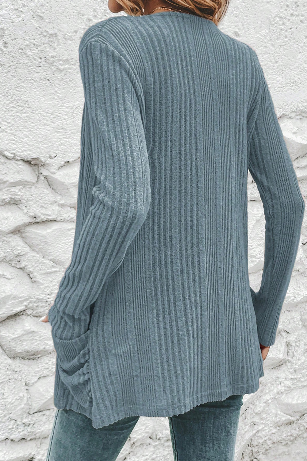 Stone Blue Ribbed Open Front Knitted Top with Pockets view 2