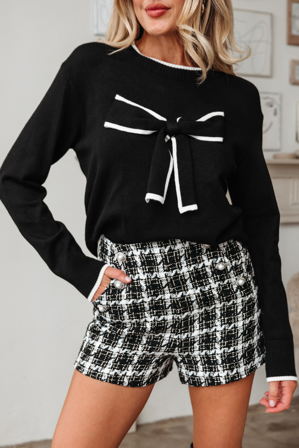 Black Contrast Trim Big Bow Accent Holiday Cropped Sweater view 4