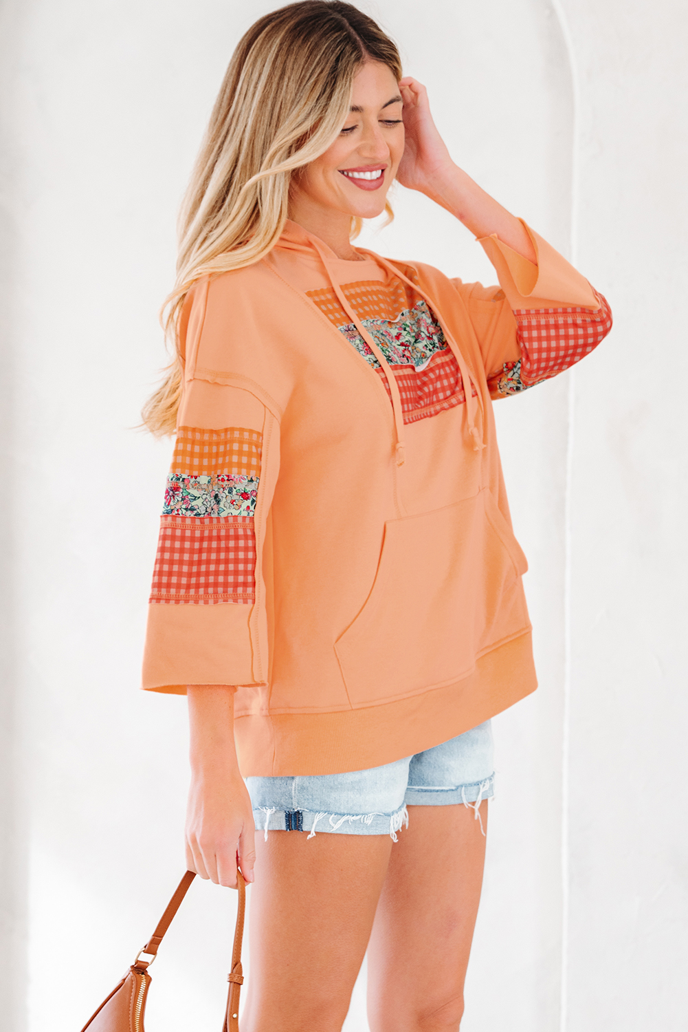 Grapefruit Orange Plaid Floral Patchwork Kangaroo Pocket Hooded Long Sleeve Top view 3