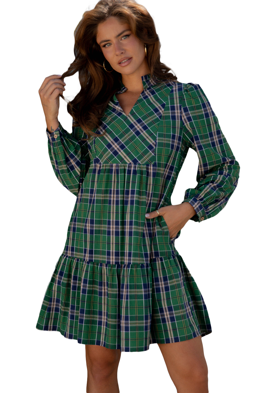 Green Plaid Print Frilly Collar Long Sleeve Shift Mini Dress view 21