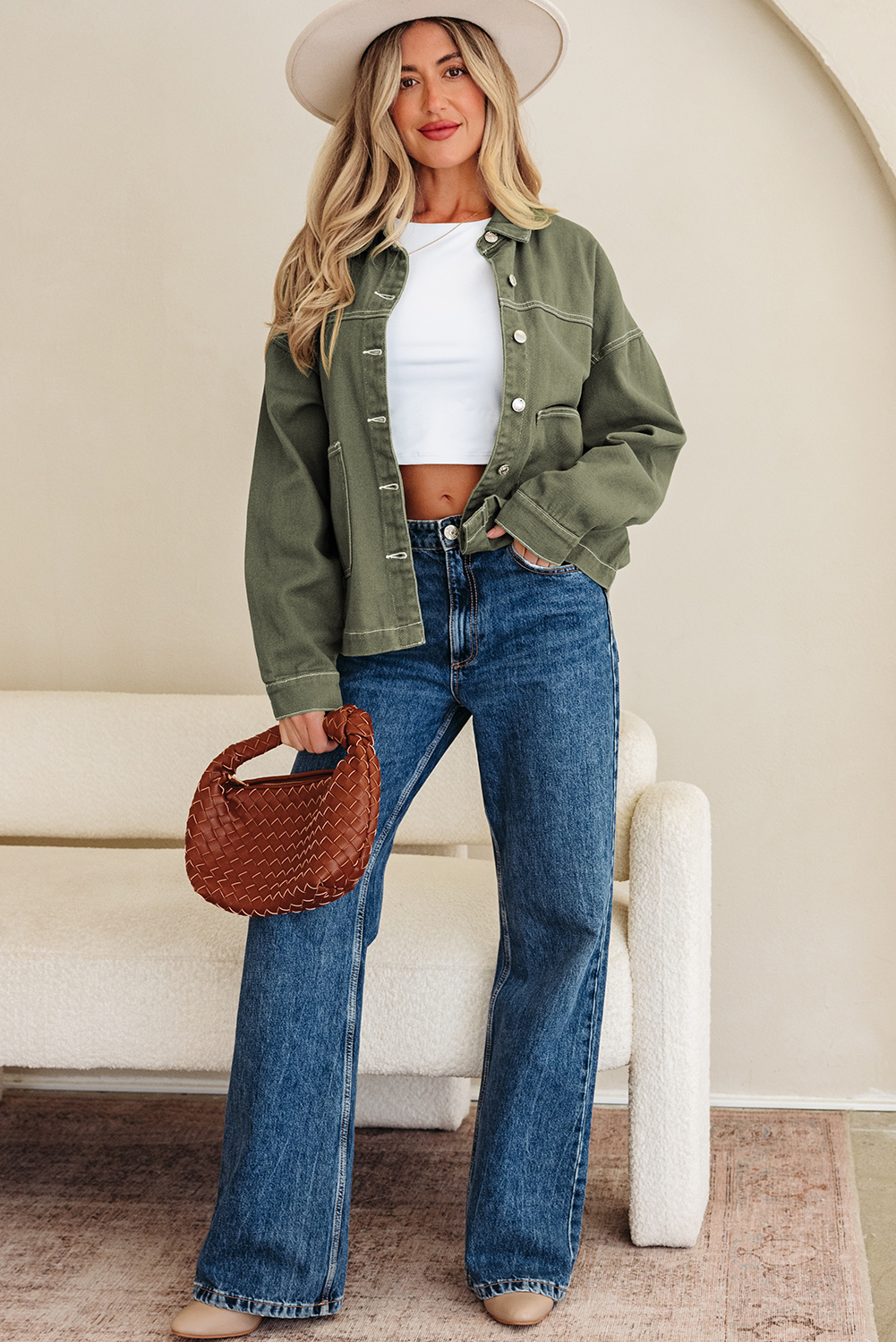 Smoke Green Patched Pocket Collared Button Front Boyfriend Denim Jacket view 4