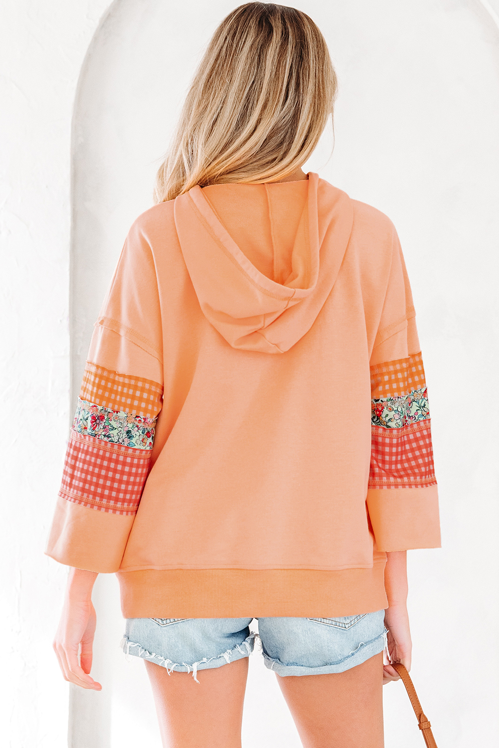 Grapefruit Orange Plaid Floral Patchwork Kangaroo Pocket Hooded Long Sleeve Top view 2
