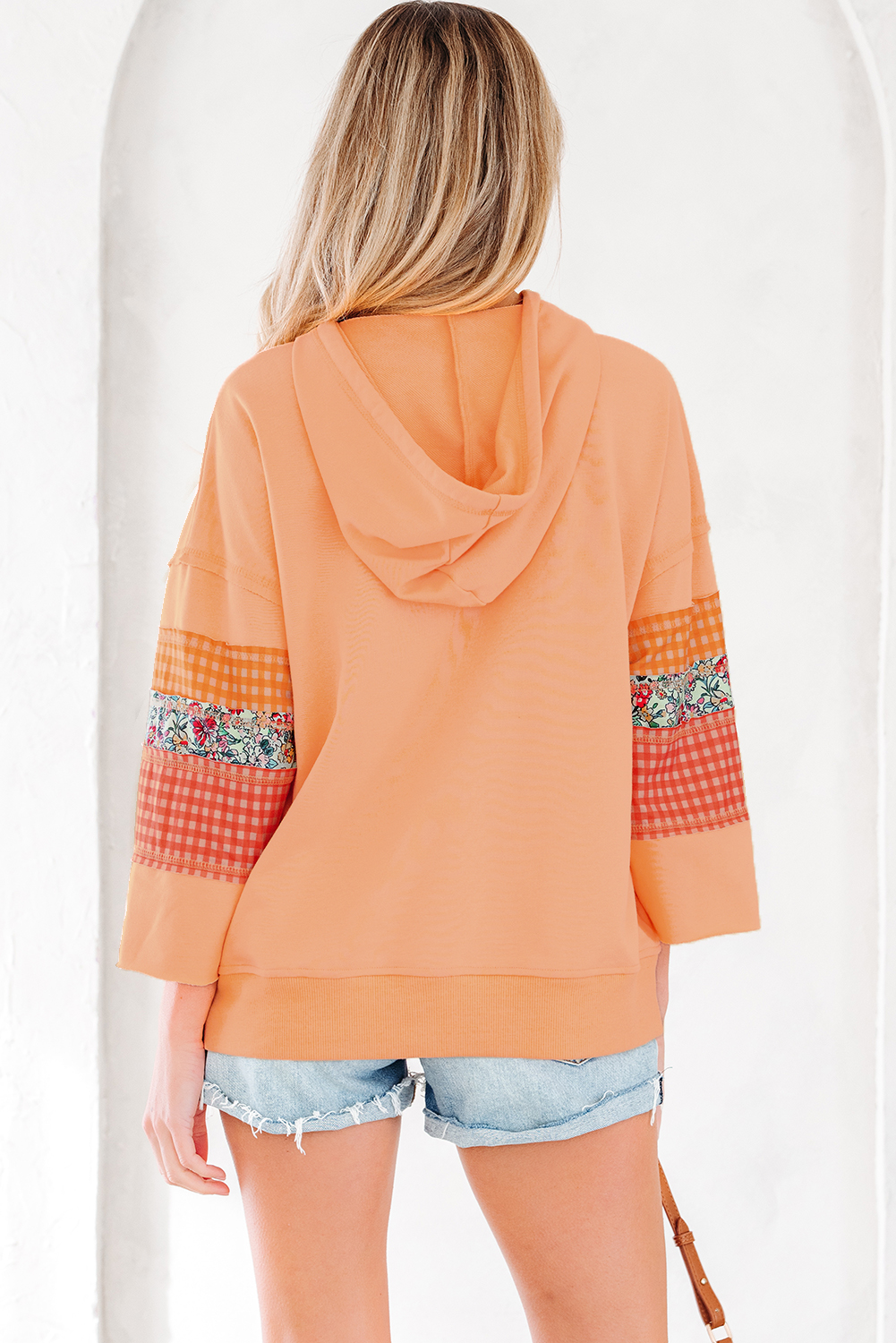 Grapefruit Orange Plaid Floral Patchwork Kangaroo Pocket Hooded Long Sleeve Top view 6