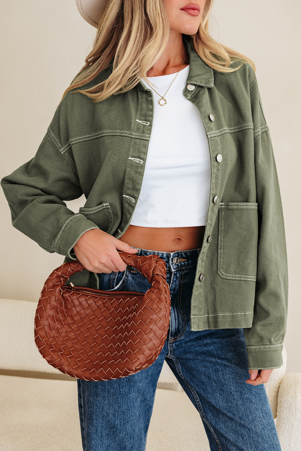 Smoke Green Patched Pocket Collared Button Front Boyfriend Denim Jacket view 7