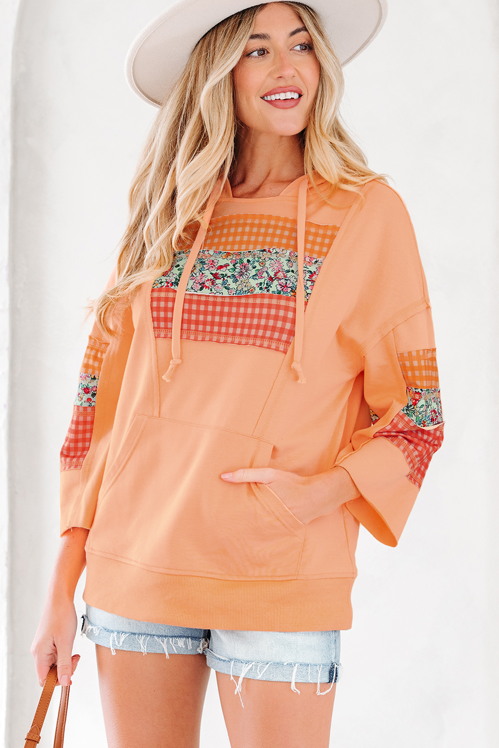 Grapefruit Orange Plaid Floral Patchwork Kangaroo Pocket Hooded Long Sleeve Top view 5