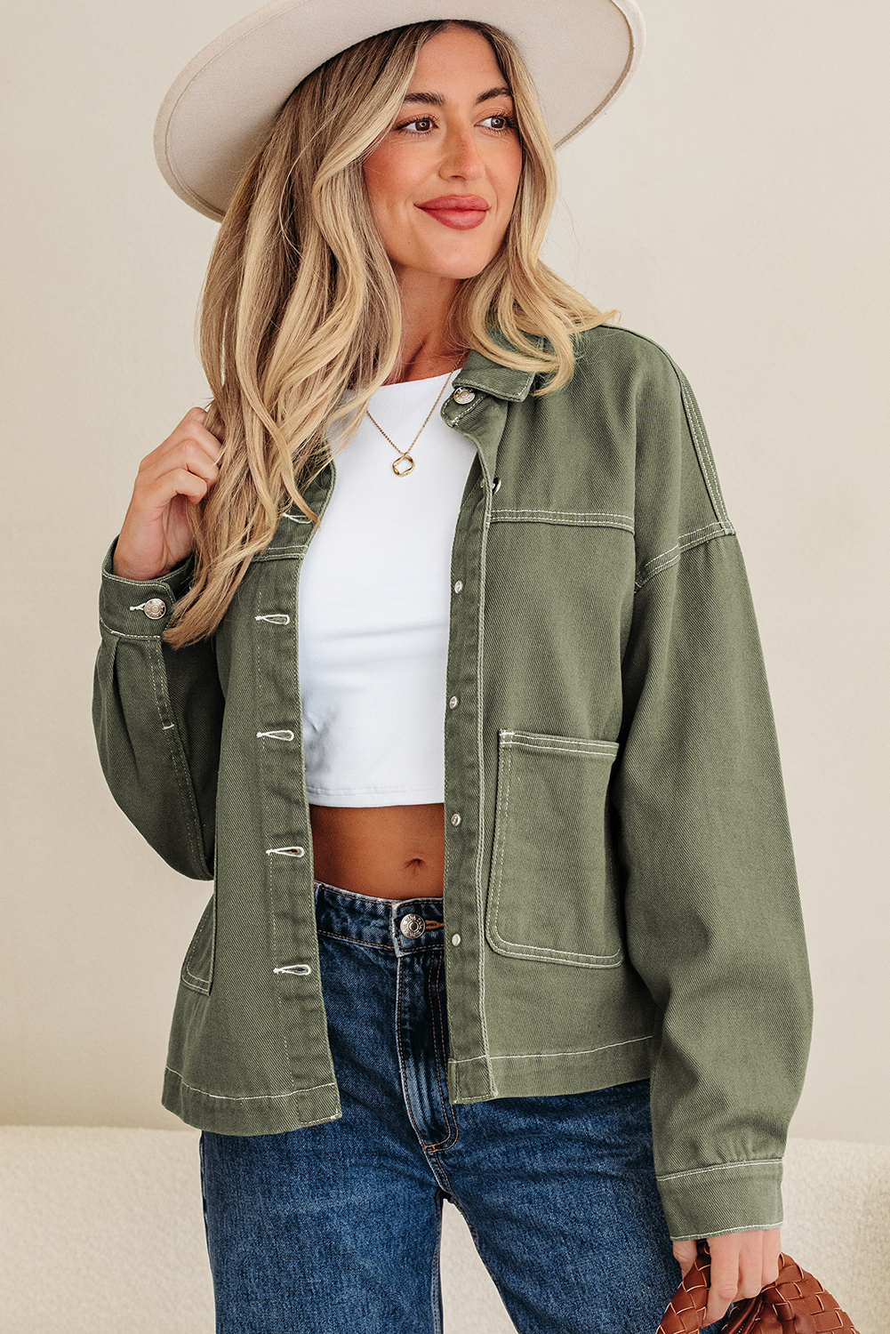 Smoke Green Patched Pocket Collared Button Front Boyfriend Denim Jacket view 3