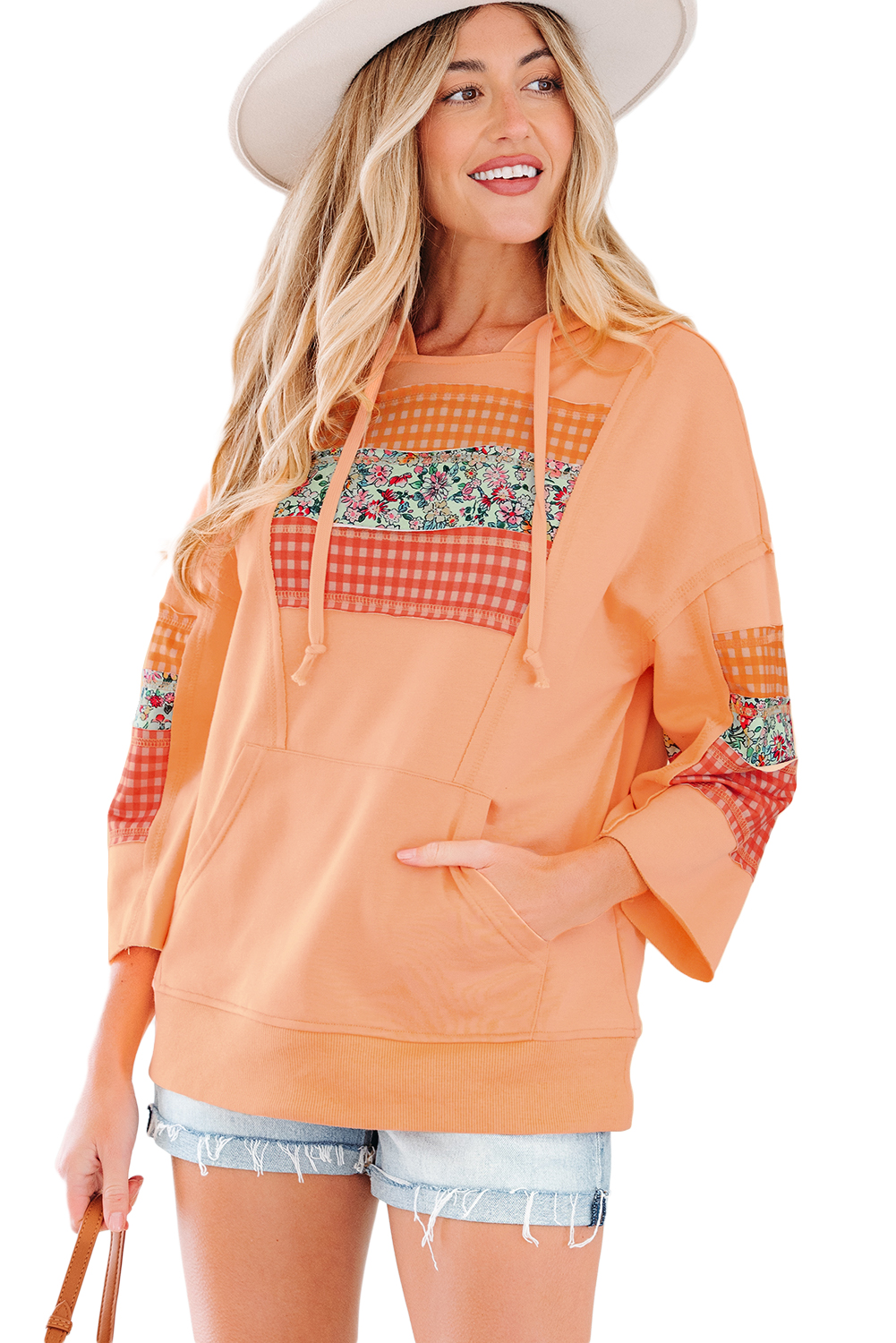 Grapefruit Orange Plaid Floral Patchwork Kangaroo Pocket Hooded Long Sleeve Top view 19