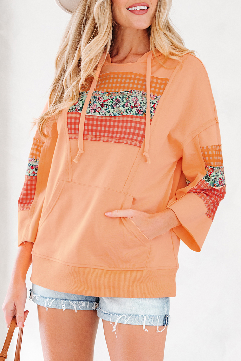 Grapefruit Orange Plaid Floral Patchwork Kangaroo Pocket Hooded Long Sleeve Top view 8