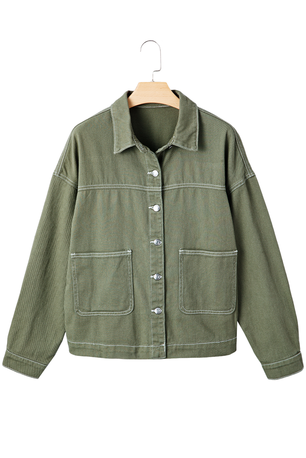 Smoke Green Patched Pocket Collared Button Front Boyfriend Denim Jacket view 23