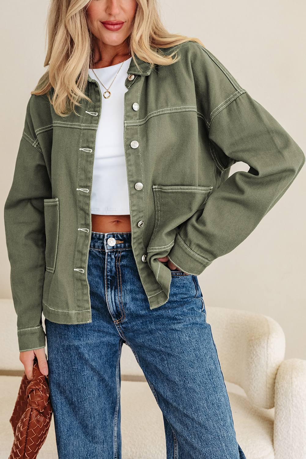 Smoke Green Patched Pocket Collared Button Front Boyfriend Denim Jacket view 8
