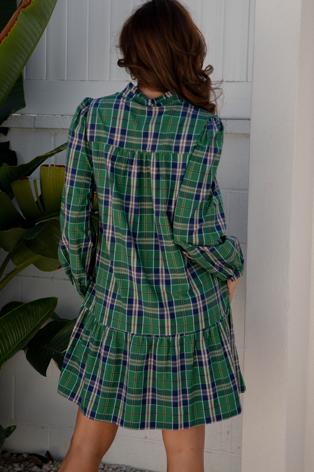 Green Plaid Print Frilly Collar Long Sleeve Shift Mini Dress view 2
