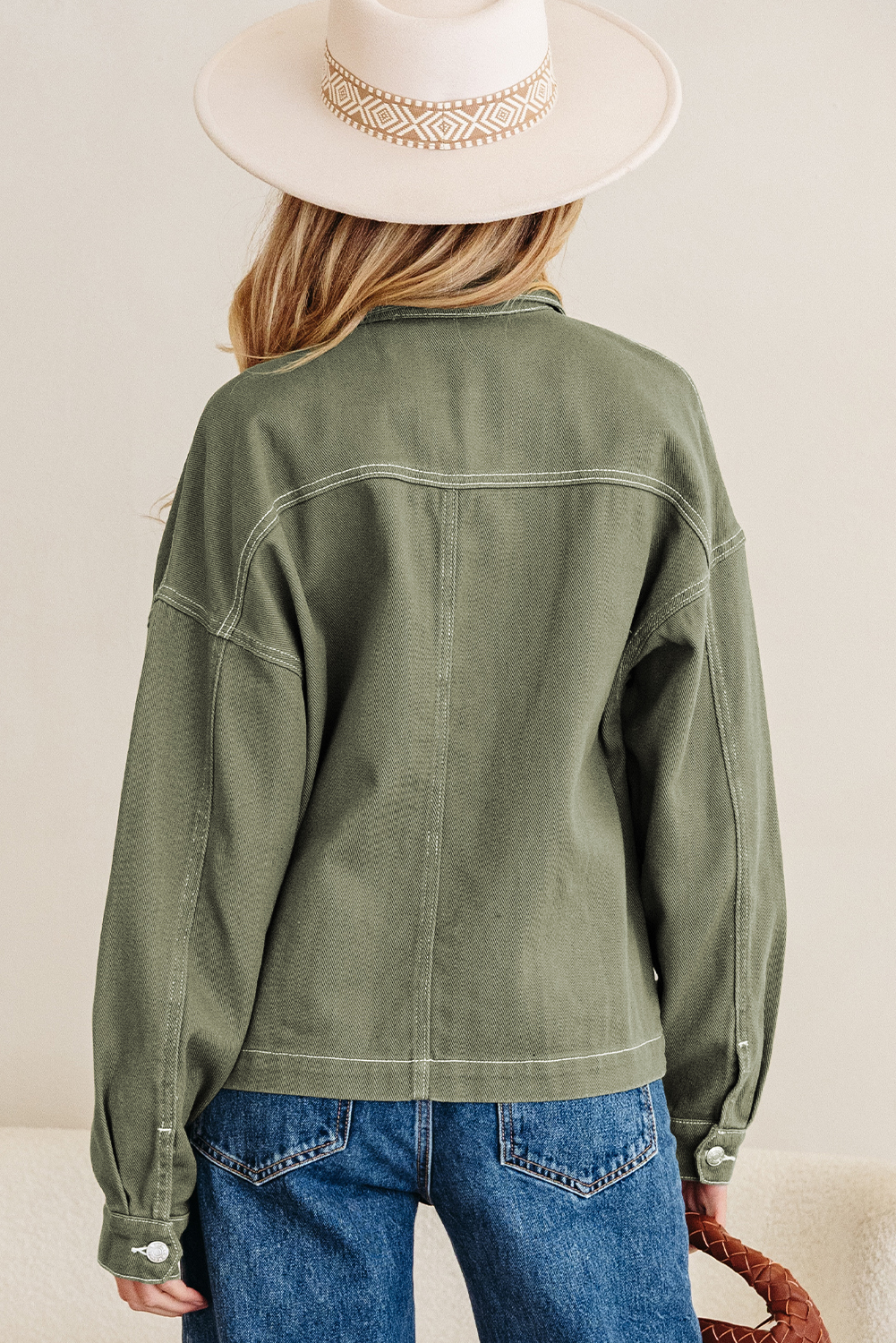 Smoke Green Patched Pocket Collared Button Front Boyfriend Denim Jacket view 6