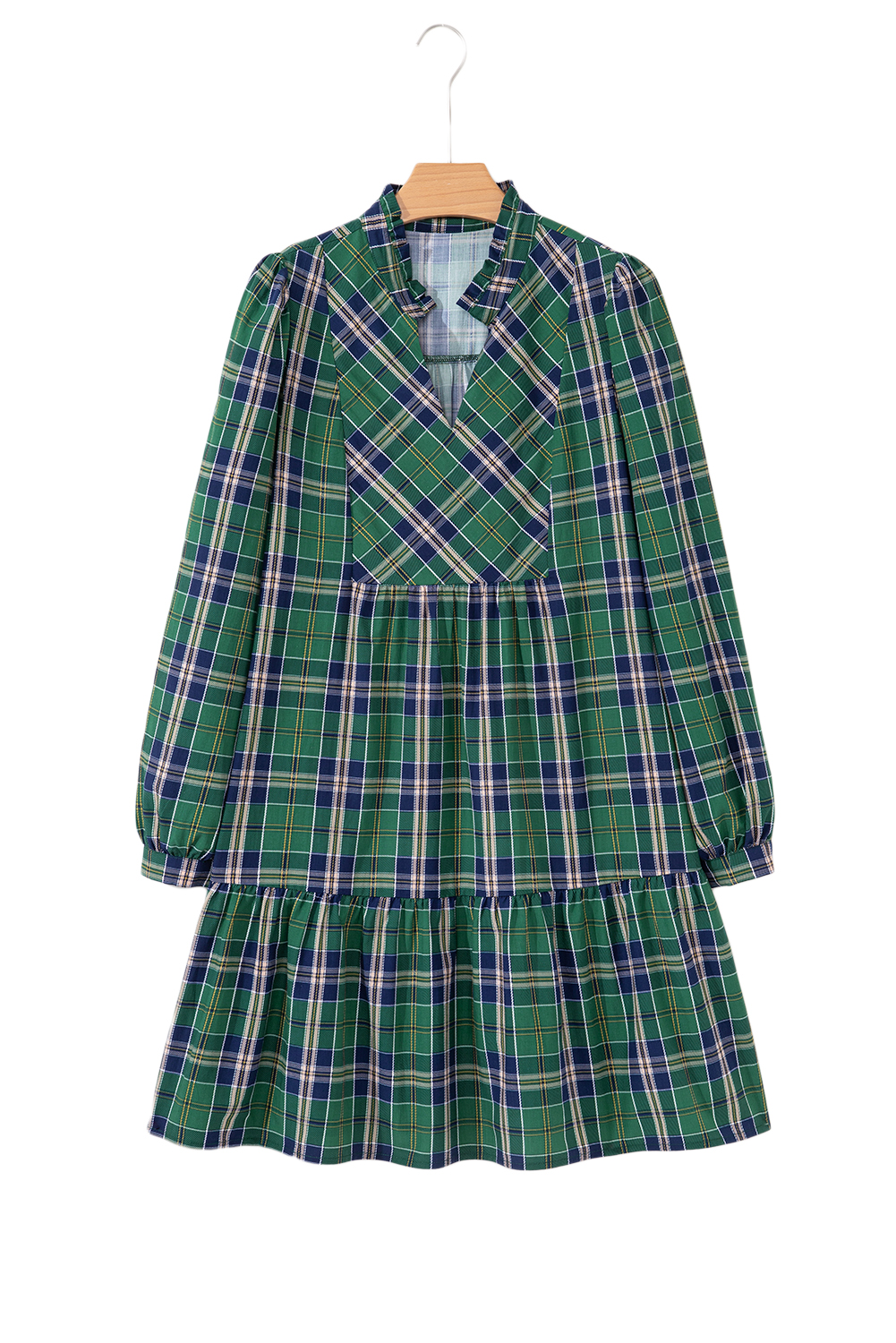 Green Plaid Print Frilly Collar Long Sleeve Shift Mini Dress view 22